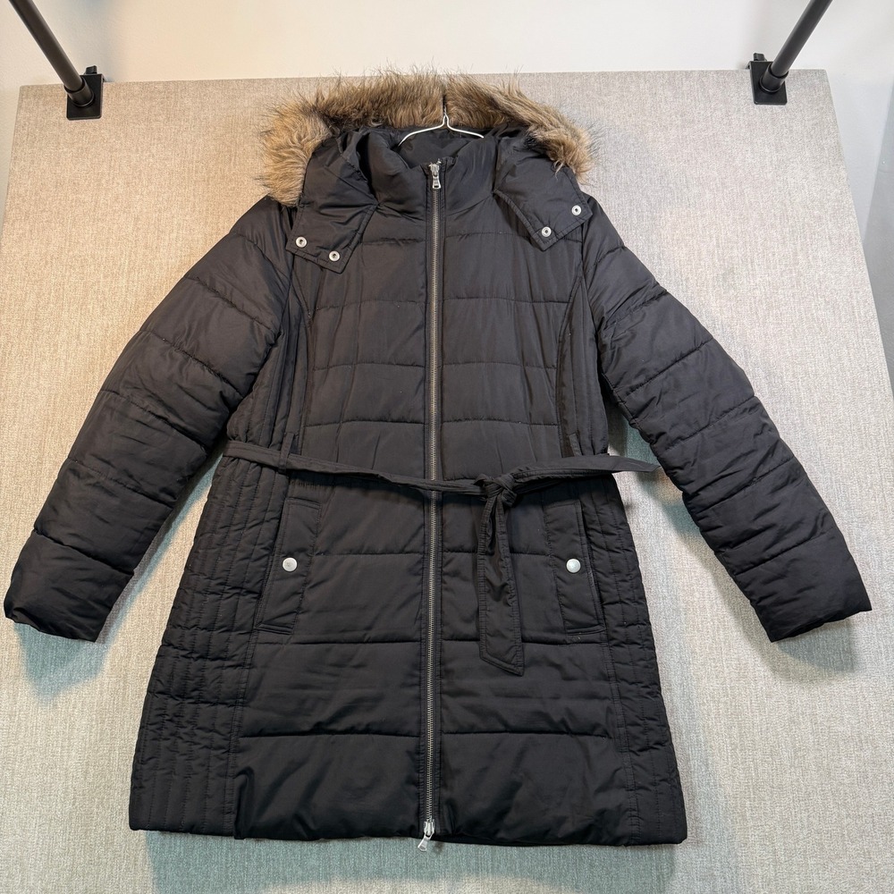 Old Navy Womens Black Quilted Puffer Parka Jacket Faux Fur Hood Belted Large